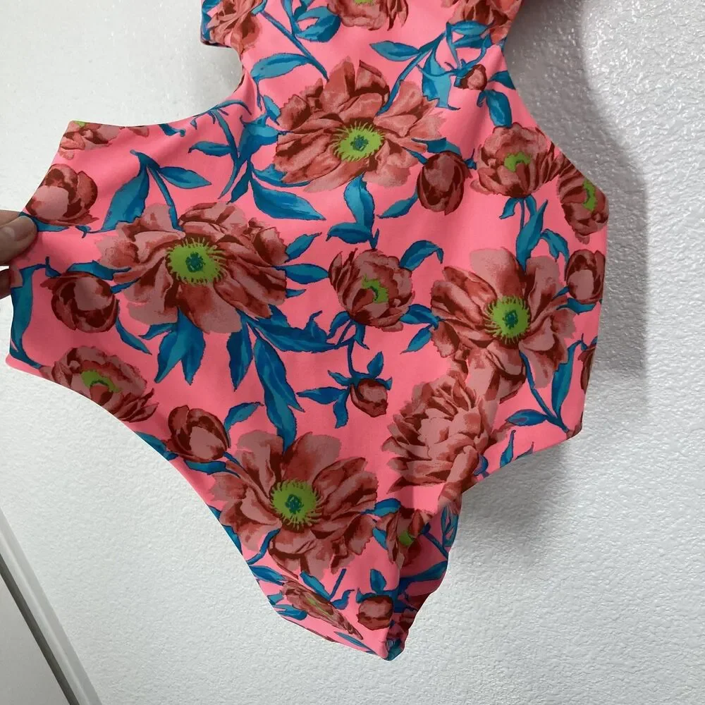 Tori Praver One Piece Swimsuit Womens Large Pink Floral Cutout Monokini Tropical